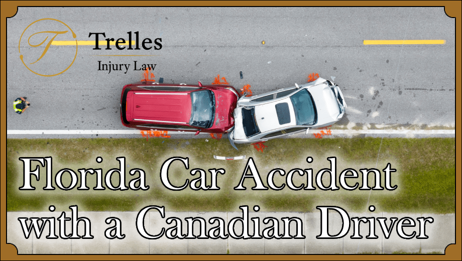 Aerial view of a Florida car accident involving a red SUV and a white car, with accident markings on the road and Trelles Injury Law branding.