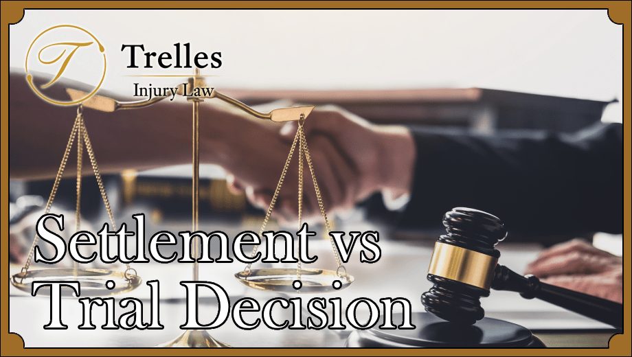 settlement vs trial title with people handshaking to a agreement with a gavel and scale