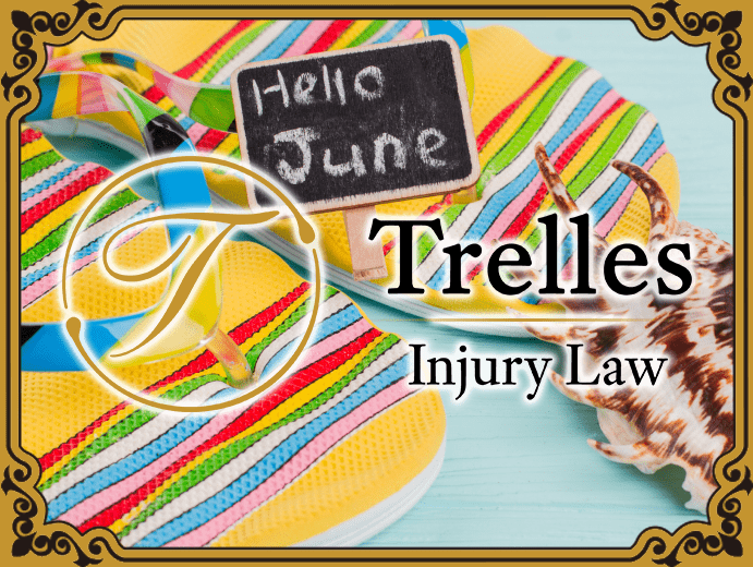 trelles logo with title trelles injury law. background of sandels with a tiny chalkboard with hello june written on it.