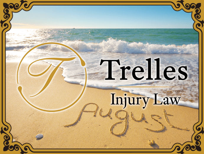 August word written on sea sand shore beach at day with trelles injury law title and logo